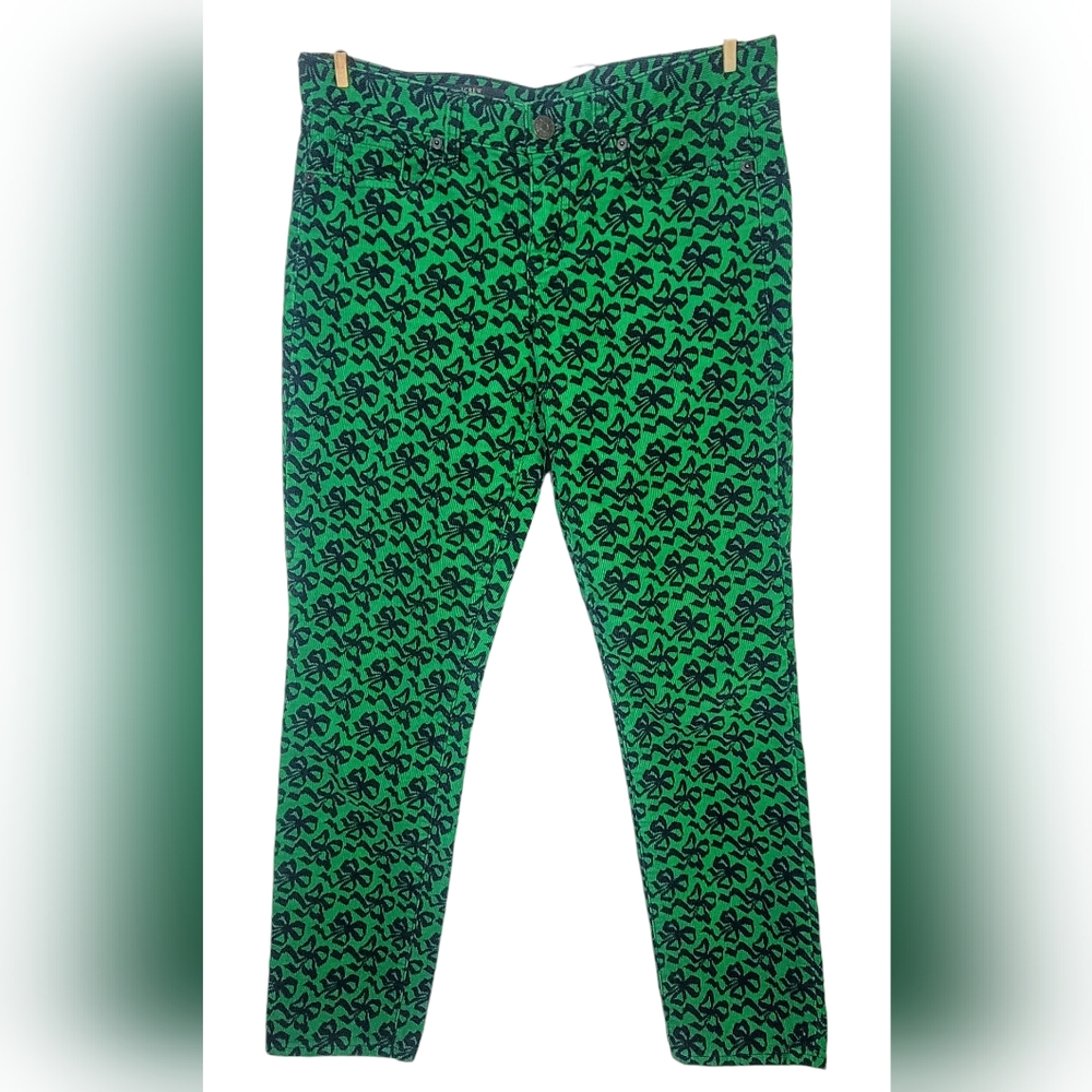 J Crew Kelly Green Navy Blue Bow Pattern Corduroy Pants Size 28 career dressy